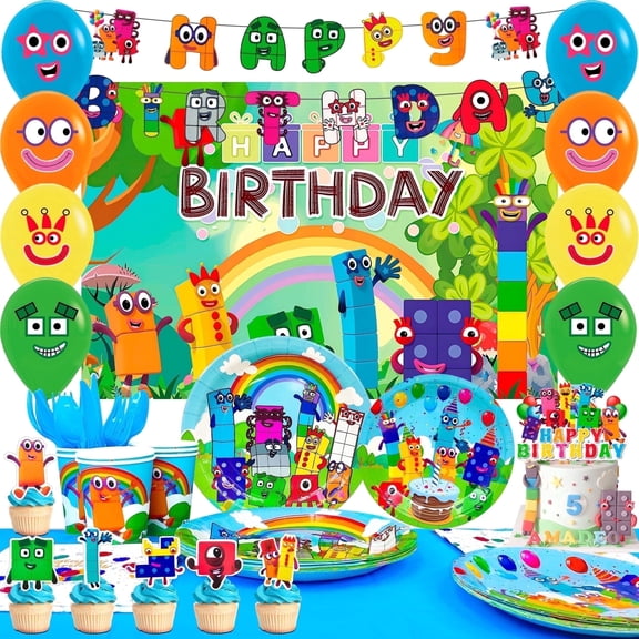 Number Blocks Birthday Decoration,112pcs Number Blocks Party Decorations & Number Blocks Party Tableware - Number Blocks Theme Birthday Banner Balloon Plate Tablecloth etc Numberblocks Party Supplies