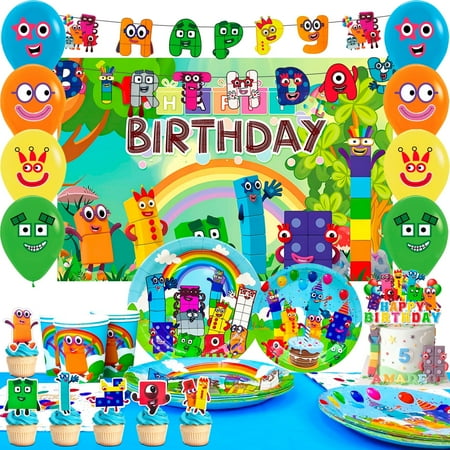 Number Blocks Birthday Decorations,82pcs Number Blocks Party Decorations & Number Blocks Party Tableware - Number Blocks Theme Birthday Banner Balloon Plate Tablecloth etc Numberblocks Party Supplies