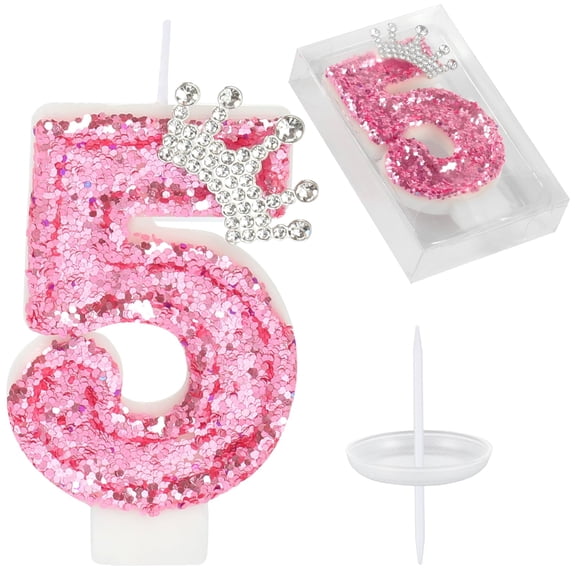 Number Candles for Birthday Cakes, Pink Glitter Crown Topper with Sequins, Decorative 5 Candle for Women Anniversary Party (Pink 5)