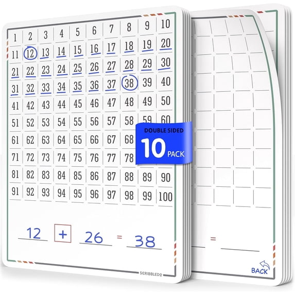 Scribbledo Number Chart Dry Erase Sheets, Math Manipulatives for Students, 9” x 12”, 10-Pack