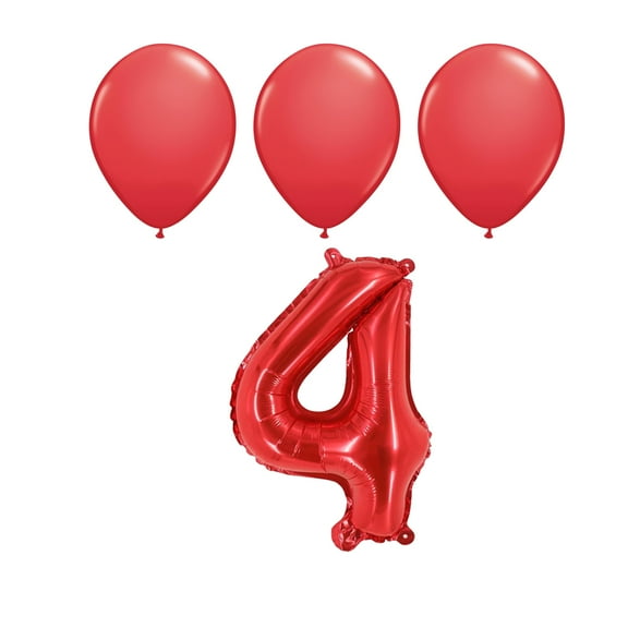 Number Four 4 Red Balloon 32 Inch Foil Mylar Birthday Milestone 3 Matching Red Latex Balloons