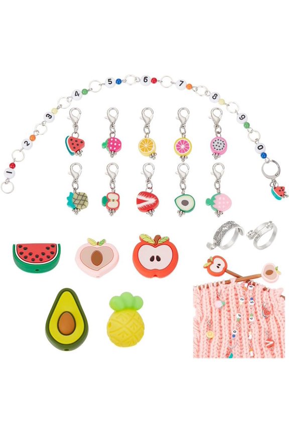 Number Knitting Row Counter Chain 10 Pcs Fruits Stitch Markers 5 Pcs Silicone Knitting Needle Stoppers with 2 Pcs Yarn Guide Finger Ring Knitting Tool Sets