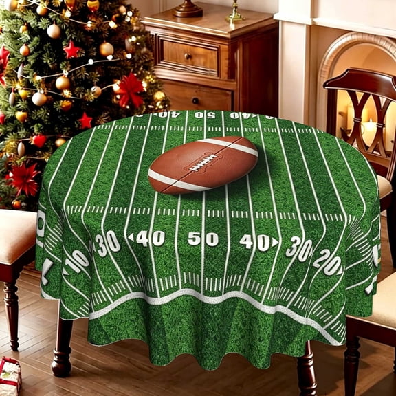 Number Mark Football Field 2D Printed Circular Table Cover, 35/50/60/70 Inch Diameter, Polyester, Game Day Dining Table Decoration, Sports Party Decor
