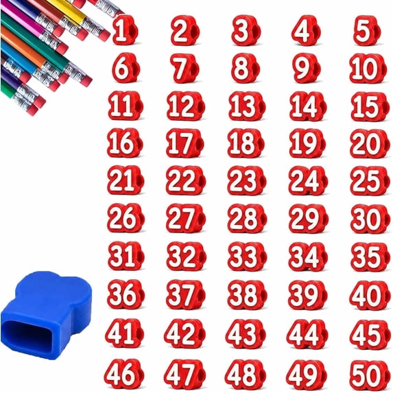 Number Pencil Toppers, Numbered Pencil Toppers 1-50 | Numbered Pencil Toppers 1-50, Reusable Classroom Pencil Labels for Student Organization and Teacher Supplies (Red, Number: 1-50)