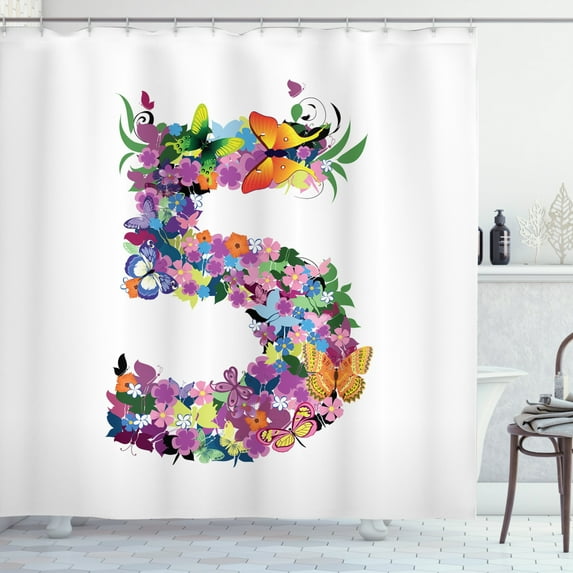 Number Shower Curtain, Floral Spring Five Years Anniversary Marriage Wedding Wreath Style Blossom Butterfly, Fabric Bathroom Set with Hooks, 69W X 70L Inches, Multicolor, by Ambesonne