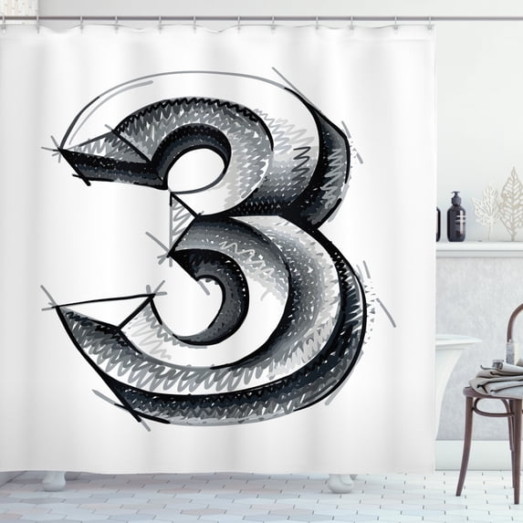 Number Shower Curtain, Hand Drawn Style Sketchy Numeral Three Minimalist and Contemporary Style, Fabric Bathroom Set with Hooks, 69W X 70L Inches, Grey Black and White, by Ambesonne