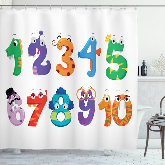 Number Shower Curtain, Math Signs as Funny Characters Monsters Giraffe Snake Childish Kids Playroom Cartoon, Fabric Bathroom Set with Hooks, 69W X 84L Inches Extra Long, Multicolor, by Ambesonne