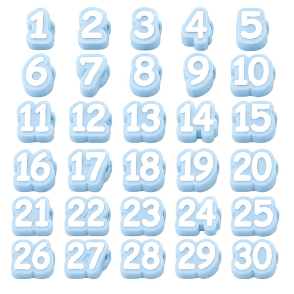 Number Silicone Beads Set, 1 to 30 Full Number Collection, Light Blue Silicone With White Number Markings, For Early Learning, DIY Handcraft, Date Calendar Accessories