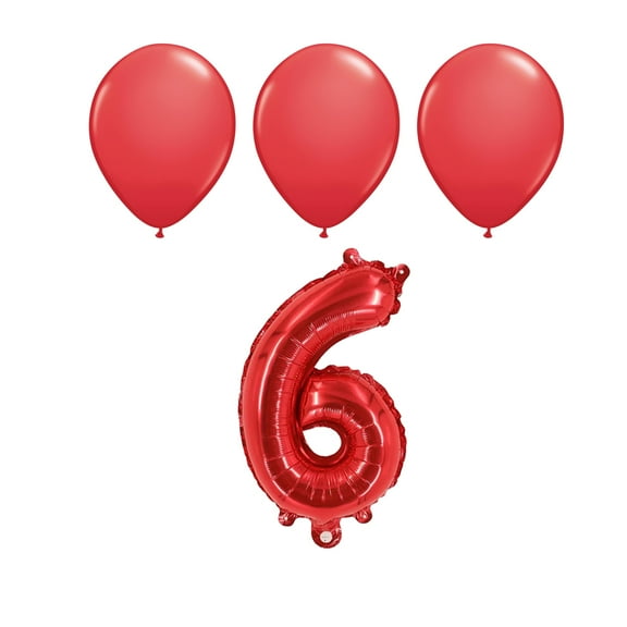 Number Six 6 Red Balloon 32 Inch Foil Mylar Birthday Milestone 3 Matching Red Latex Balloons