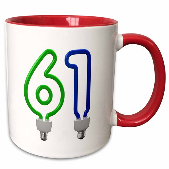 3drose, Number Sixty One as an Energy Saving, Colored Light Bulb, 11oz Two-tone Red Mug