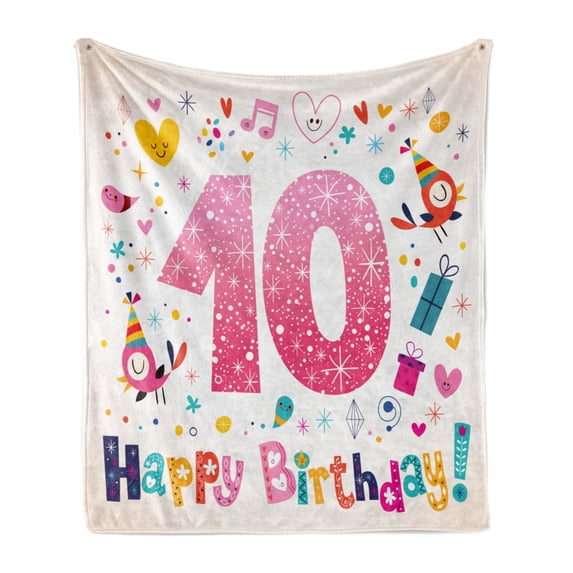 Number Soft Flannel Fleece Throw Blanket, Happy Birthday 10 Years Kids Anniversary Greeting Party Celebration Doodle Motif, Cozy Plush for Indoor and Outdoor Use, 50" x 60", Multicolor, by Ambesonne