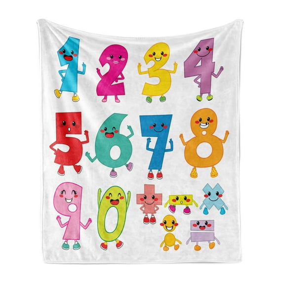 Number Soft Flannel Fleece Throw Blanket, Joyful Comic Numerals with Mathematical Characters Nursery Baby Childish Cartoon, Cozy Plush for Indoor and Outdoor Use, 50" x 60", Multicolor, by Ambesonne