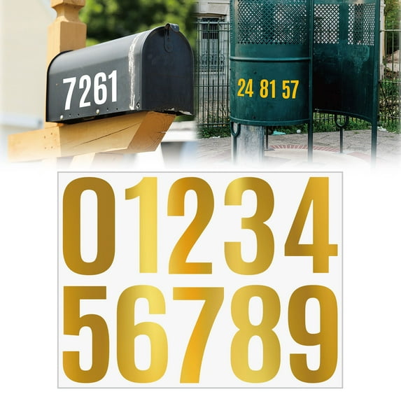 Number Stickers 0-9 in 4 Inch, Vinyl Adhesive Waterproof Decals for Address Mailbox, Outdoor Fence, Plastic Bin, Garage Numbering, Easy Peel Application(Gold)