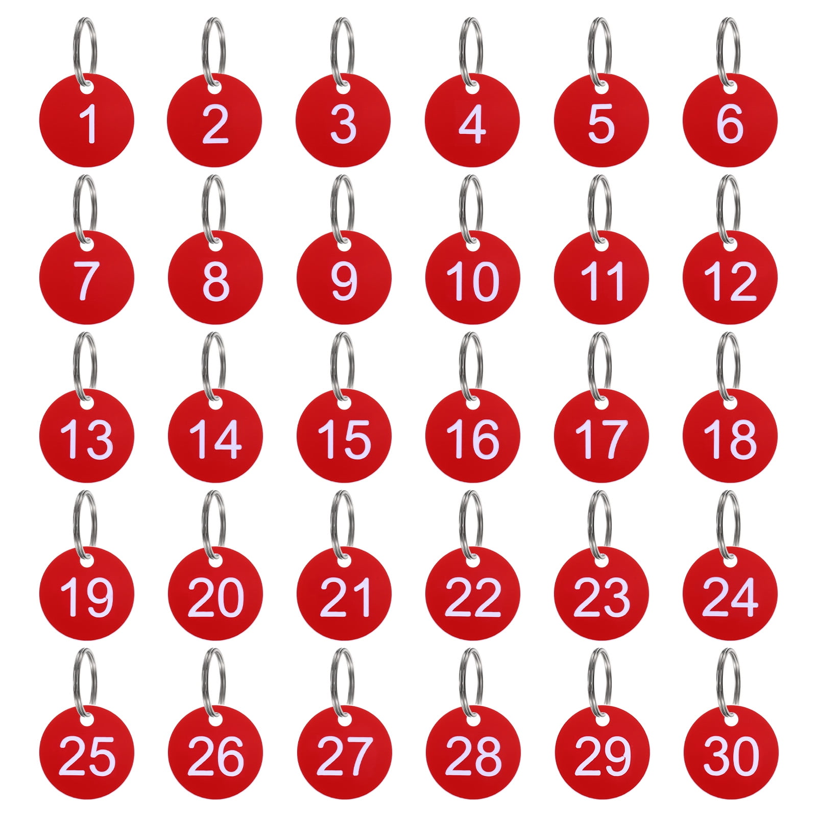 Red Plastic Numbered Round Key Tags, Set of 30