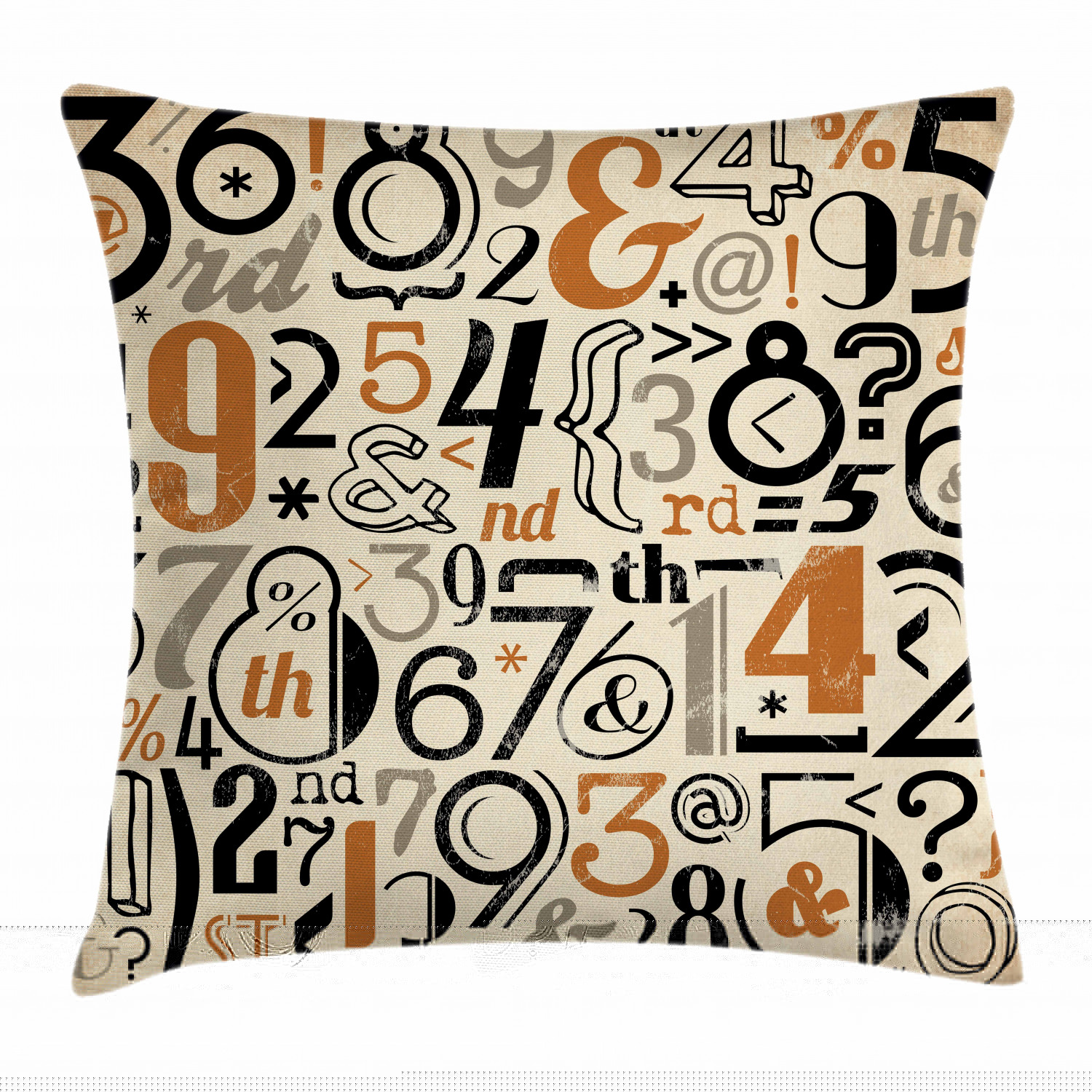 Number Throw Pillow Cushion Cover, Various Vintage Numeral Mathematical Symbols Nostalgic Typography Art, Decorative Square Accent Pillow Case, 20 X 20 Inches, Dark Orange Beige Black, by Ambesonne