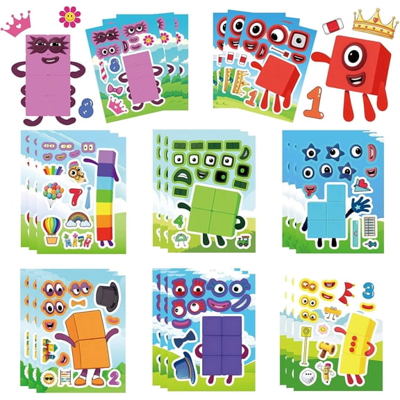 Number blocks Make Your Own Character Stickers, 24 Sheets DIY Face Mix and Match Sticker Activity Set, Reusable Craft Stickers for Kids Party Favors, Classroom Game Rewards