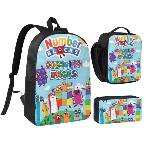 Numberblocks Backpack 3 Piece Set Anime Cartoon Laptop Bags for Unisex Fashion Daypack with Lunch box Pencil case Casual Travel