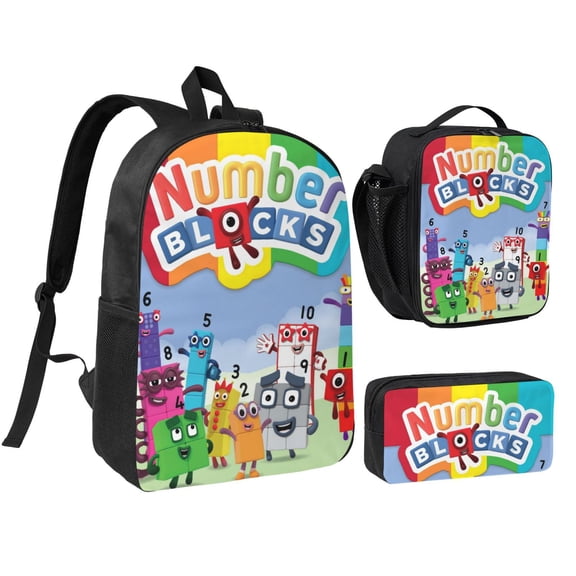 Numberblocks Backpack 3 Piece Set Anime Cartoon Laptop Bags for Unisex Fashion Daypack with Lunch box Pencil case Casual Travel