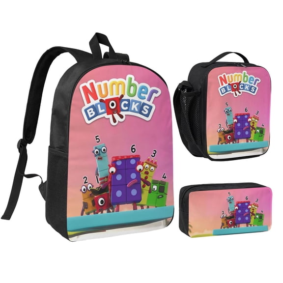 Numberblocks Backpack 3 Piece Set Anime Cartoon Laptop Bags for Unisex Fashion Daypack with Lunch box Pencil case Casual Travel