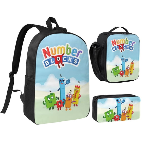 Numberblocks Backpack 3 Piece Set Anime Cartoon Laptop Bags for Unisex Fashion Daypack with Lunch box Pencil case Casual Travel