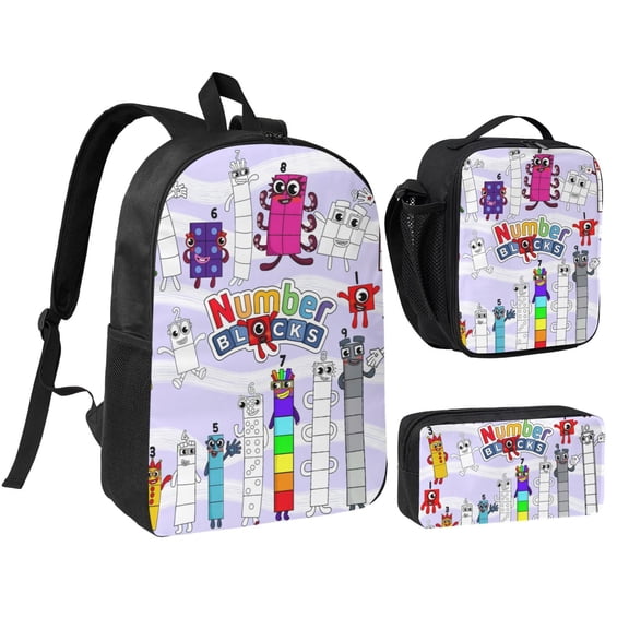 Numberblocks Backpack 3 Piece Set Anime Cartoon Laptop Bags for Unisex Fashion Daypack with Lunch box Pencil case Casual Travel