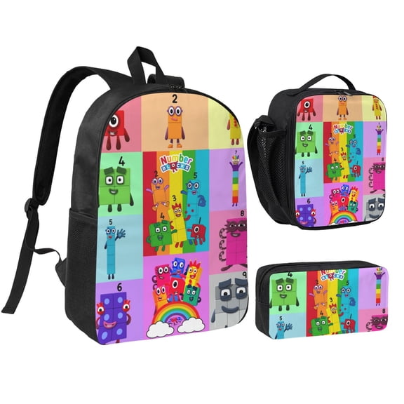 Numberblocks Backpack 3 Piece Set Anime Cartoon Laptop Bags for Unisex Fashion Daypack with Lunch box Pencil case Casual Travel