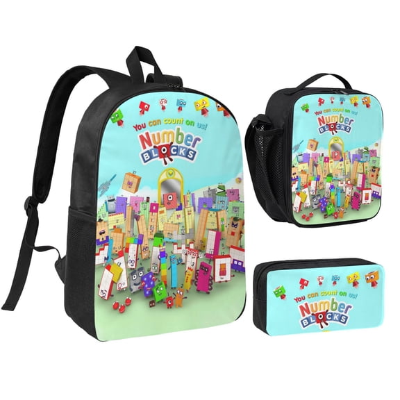 Numberblocks Backpack 3 Piece Set Anime Cartoon Laptop Bags for Unisex Fashion Daypack with Lunch box Pencil case Casual Travel