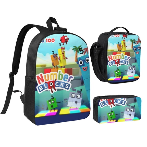 Numberblocks Backpack 3 Piece Set Anime Cartoon Laptop Bags for Unisex Fashion Daypack with Lunch box Pencil case Casual Travel