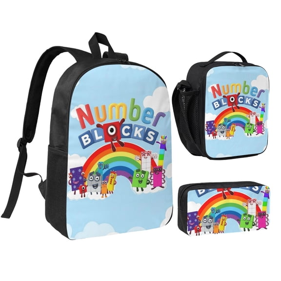 Numberblocks Backpack 3 Piece Set Anime Cartoon Laptop Bags for Unisex Fashion Daypack with Lunch box Pencil case Casual Travel
