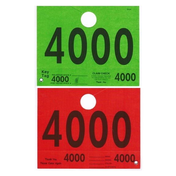 Numbered Auto ID Tag w Hang Slit and Claim Check, 5-1/4" x 6-1/2", Red/Green Duplex Stock, Black Print (4000-4999) - Box of 1,000