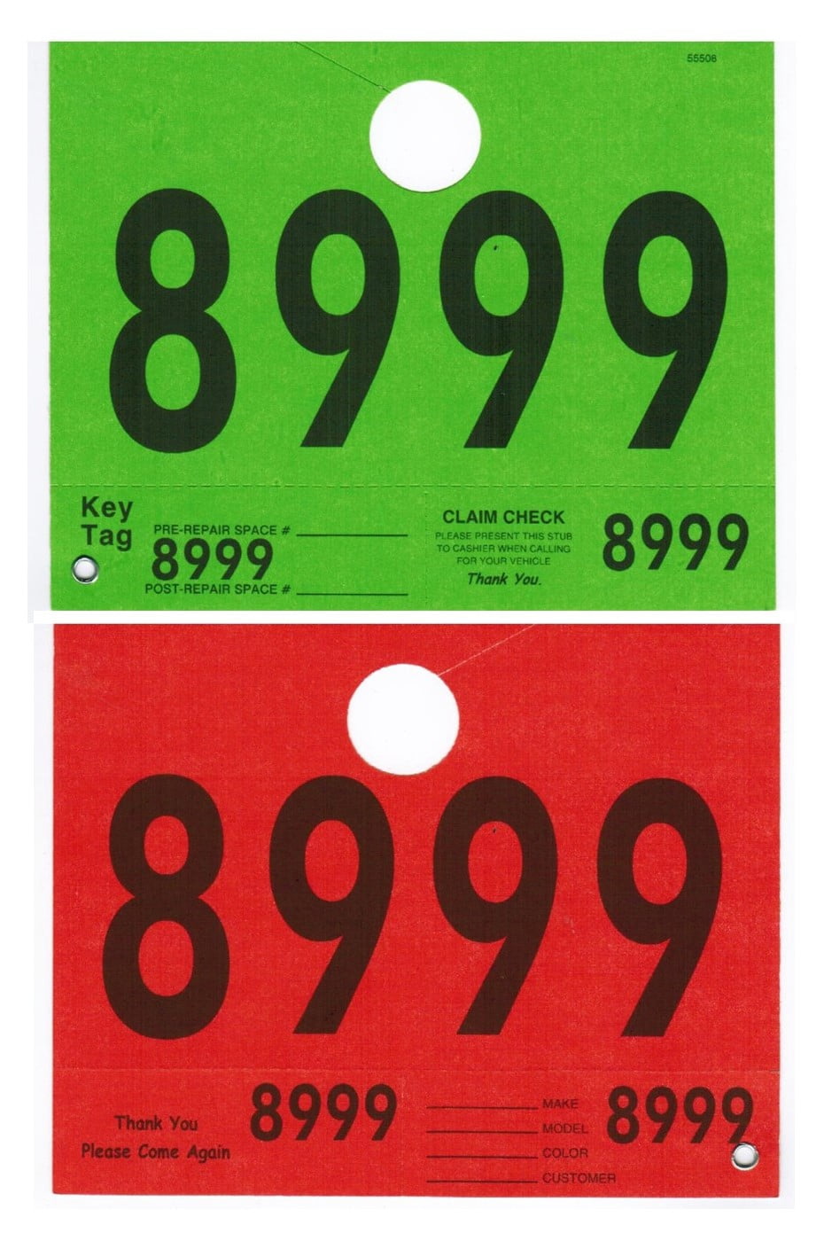 Numbered Auto ID Tag w Hang Slit and Claim Check, 5-1/4" x 6-1/2", Red/Green Duplex Stock, Black Print (Number Group Varies) - Box of 1,000