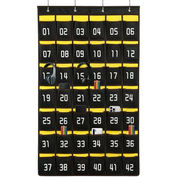 42 Pocket Numbered Cell Phone Organizer Over Door Hanging Storage with Hook for Classroom, Office, and Home Use