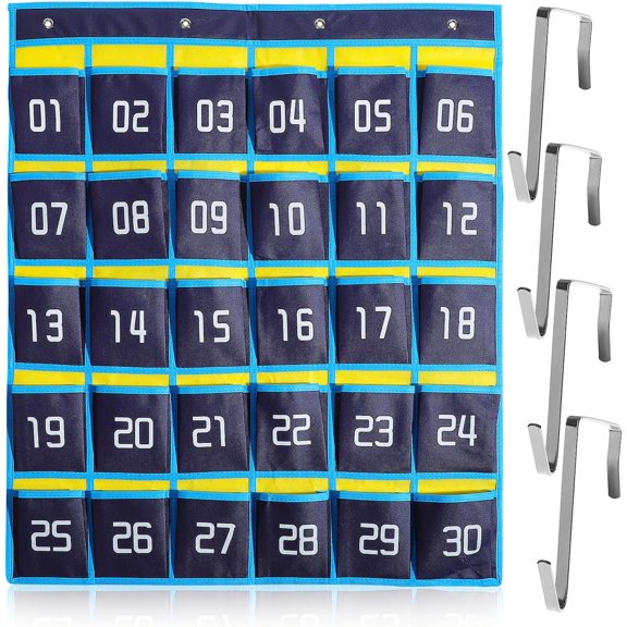 Numbered Classroom Organizer with 30 Pockets and 4 Hooks Wall Hanging Phone and Calculator Storage Chart for Study and Office Use