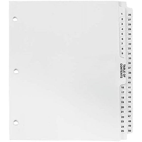 Numbered Dividers 1-50 3 Hole Punched