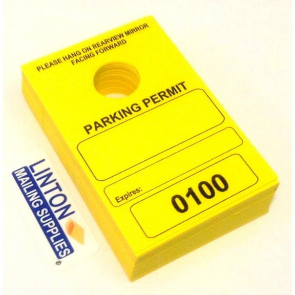 Numbered Parking Permit - Mirror Hang Tags, Yellow Cardstock, 4-3/4" x 3-1/8", Consecutive Numbers - Pack of 100 Tags