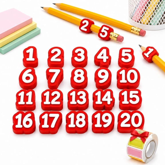 Numbered Pencil Toppers 1-20, Reusable, 20-Pack, Red