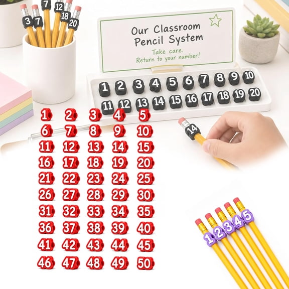 Numbered Pencil Toppers,30/50 PCS, Reusable Classroom Pencil Labels, Number Pencil Toppers for Classroom Organization and Supply Tracking Station (Numbers 1-30/Green)