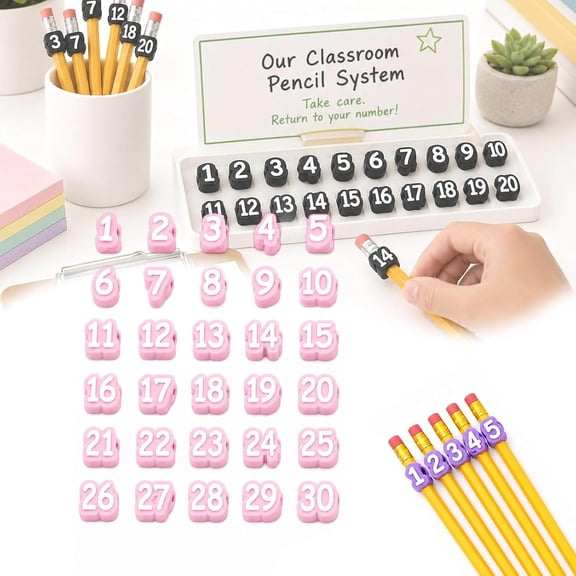 Numbered Pencil Toppers,30/50 PCS, Reusable Classroom Pencil Labels, Number Pencil Toppers for Classroom Organization and Supply Tracking Station (Numbers 1-30/Pink)