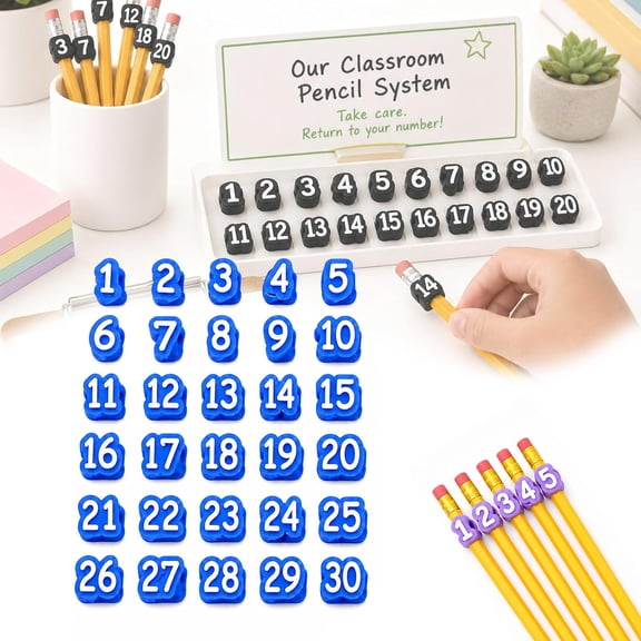 Numbered Pencil Toppers,30/50 PCS, Reusable Classroom Pencil Labels, Number Pencil Toppers for Classroom Organization and Supply Tracking Station