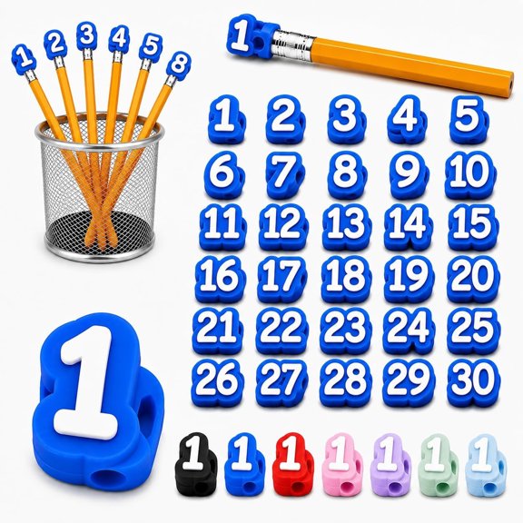 Numbered Pencil Toppers 30/50 PCS Reusable Number Pencil Labels Classroom Pencil Tracking Markers for Teachers Student Organization School Supplies,Blue-1-30