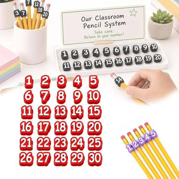 Numbered Pencil Toppers,30 PCS, Reusable Classroom Pencil Labels, Number Pencil Toppers for Classroom Organization and Supply Tracking Station (Numbers 1-30/Red)