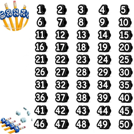 Numbered Pencil Toppers, 50pc Number Pencil Toppers, 3D Printed Reusable Classroom Pencil Labels for Teachers, Pencils Tracking Markers for Supply Stations and School Organization
