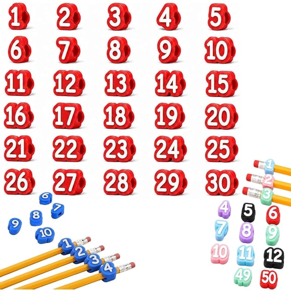 Numbered Pencil Toppers, Reusable Classroom Pencil Toppers for Teachers Students Colorful Pencil Labels for Supply Stations and Classroom Organization Available in 1-30, 1-50 Sets (30-Red)