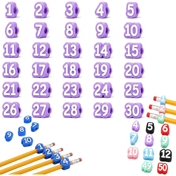 Numbered Pencil Toppers, Reusable Classroom Pencil Toppers for Teachers Students Colorful Pencil Labels for Supply Stations and Classroom Organization Available in 1-30, 1-50 Sets (30-Purple)