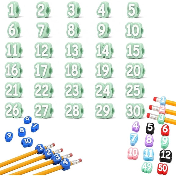 Numbered Pencil Toppers, Reusable Classroom Pencil Toppers for Teachers Students Colorful Pencil Labels for Supply Stations and Classroom Organization Available in 1-30, 1-50 Sets (30-Green)