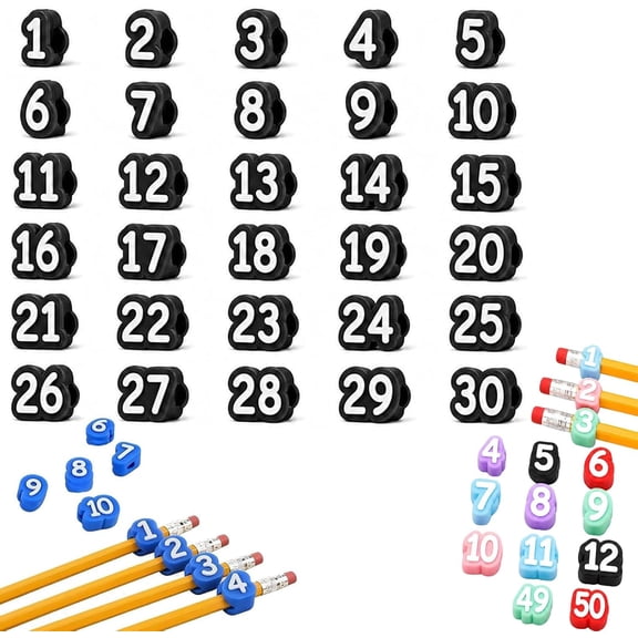 Numbered Pencil Toppers, Reusable Classroom Pencil Toppers for Teachers Students Colorful Pencil Labels for Supply Stations and Classroom Organization Available in 1-30, 1-50 Sets (30-Black)
