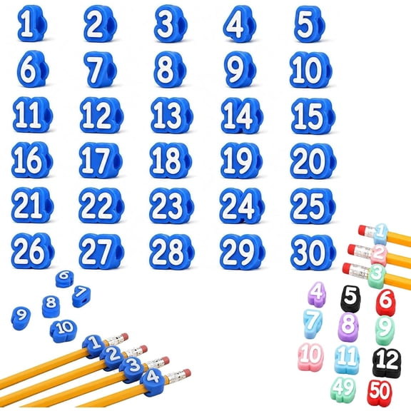 Numbered Pencil Toppers, Reusable Classroom Pencil Toppers for Teachers Students Colorful Pencil Labels for Supply Stations and Classroom Organization Available in 1-30, 1-50 Sets (30-Blue)
