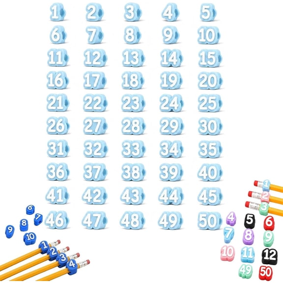 Numbered Pencil Toppers, Reusable Classroom Pencil Toppers for Teachers Students Colorful Pencil Labels for Supply Stations and Classroom Organization Available in 1-30, 1-50 Sets (50-Light Blue)