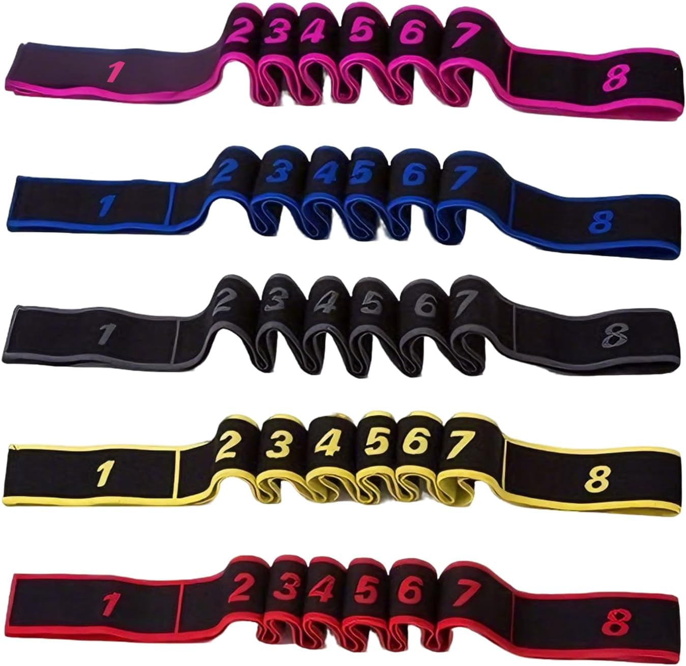 Numbered Resistance Band 5-Pack, Numbered 8-Section Elastic Stretch Bands for Yoga, Pilates, Stretching, Glutes, Full Body Workout