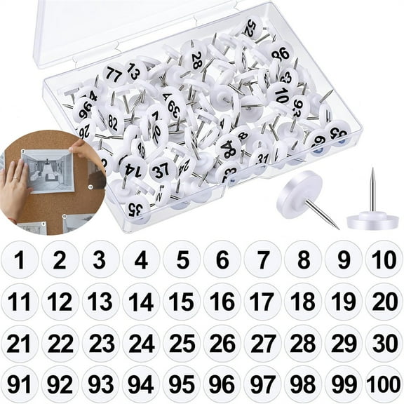 Numbered Tacks,Tutuviw 100Pcs Numbered Push Pins for a Map,100 Sequential Thumbtacks Tack and Push,Thumbtacks with Numbers for Presentations,Photo (White,11 mm Diameter 16 mm Length)